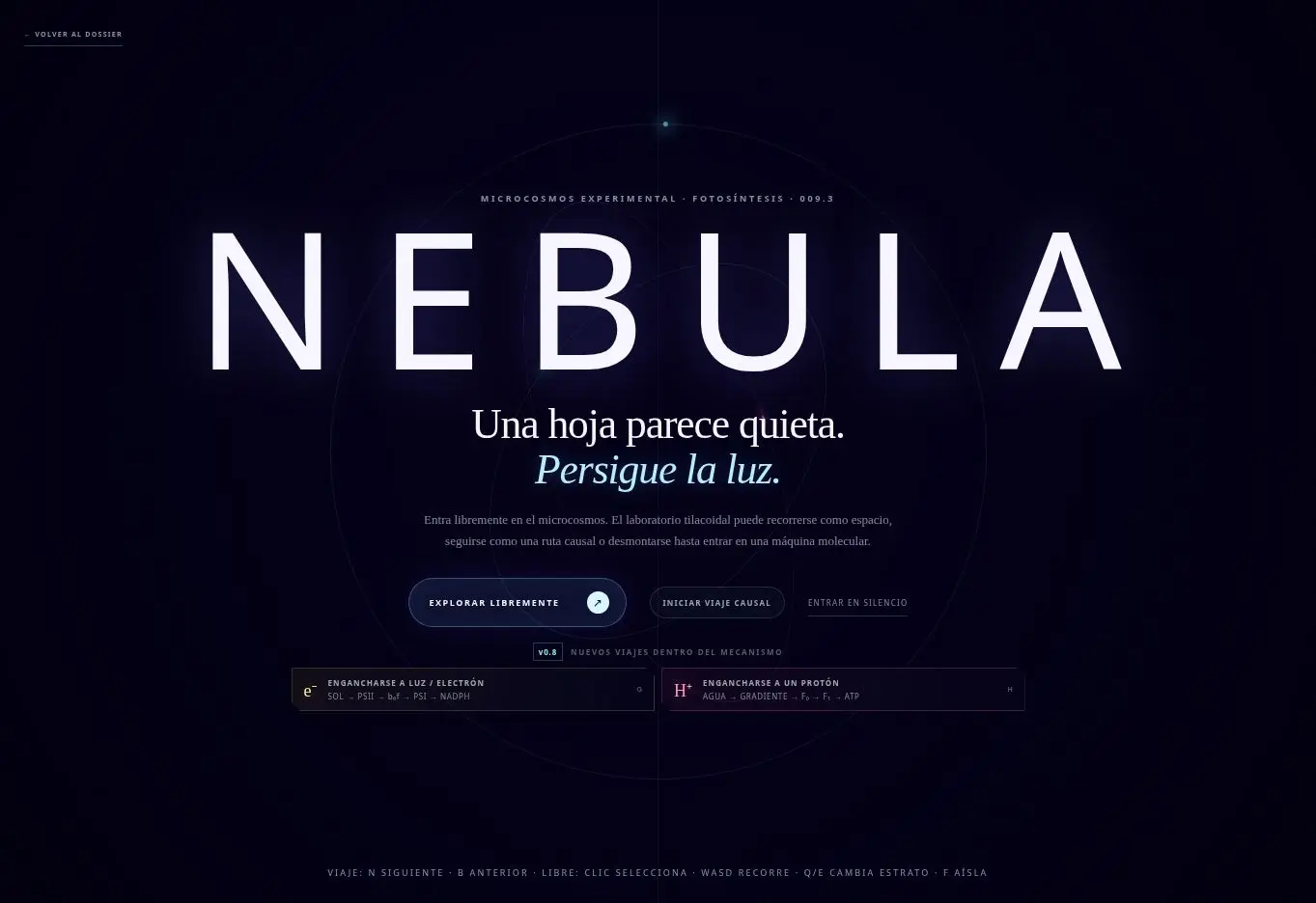 Pantalla de entrada real del microcosmos de fotosíntesis de Nebula